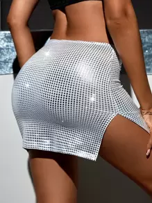 SHEIN SXY 下擺開叉金屬質感半身裙 - 銀色 - 查看 2