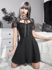 Gothic Contrast Lace Puff Sleeve Ruched Knot Front Dress - Black - View 1