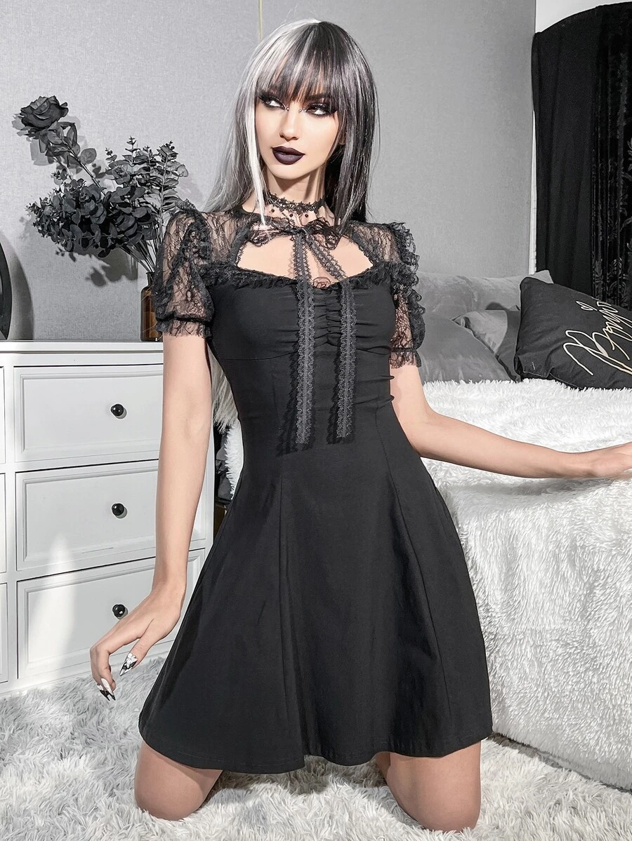 Gothic Contrast Lace Puff Sleeve Ruched Knot Front Dress - Black - View 1