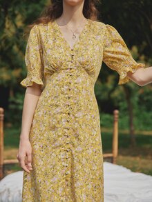 Simple Retro 小碎花打褶泡泡袖單排釦連衣裙 - 彩色 - 查看 6