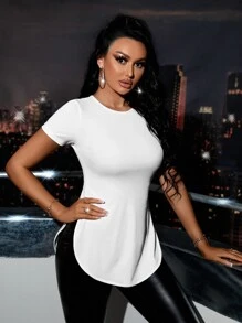 SHEIN SXY Split Curved Hem Tee - White - View 3