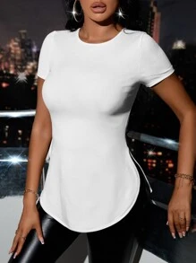 SHEIN SXY Split Curved Hem Tee - White - View 4