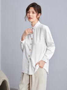 SHEIN LUNE 纯色纽扣弧形下摆衬衫，长袖上衣 - 白色 - 查看 3