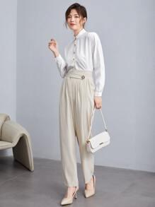 SHEIN LUNE 纯色纽扣弧形下摆衬衫，长袖上衣 - 白色 - 查看 5