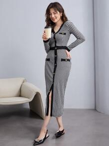 Modelyn Houndstooth Single Breasted Dress Maxi Women Outfit - Black and White - View 3