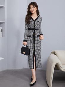 Modelyn Houndstooth Single Breasted Dress Maxi Women Outfit - Black and White - View 4