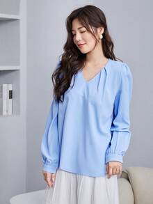 SHEIN Unity Puff Sleeve Solid Blouse - Blue - View 3