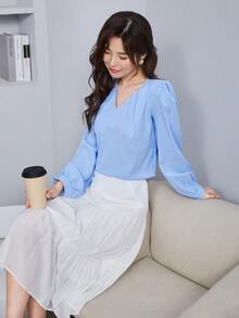 SHEIN Unity Puff Sleeve Solid Blouse - Blue - View 5