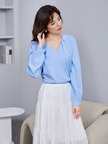 SHEIN Unity Puff Sleeve Solid Blouse - Blue - View 4