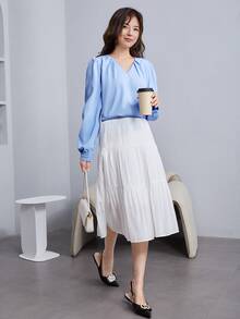 SHEIN Unity Puff Sleeve Solid Blouse - Blue - View 6