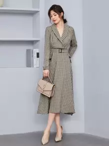 Modelyn Đầm Thắt lưng Nút Sọc ca rô Thanh lịch - Nhiều màu - Xem 1