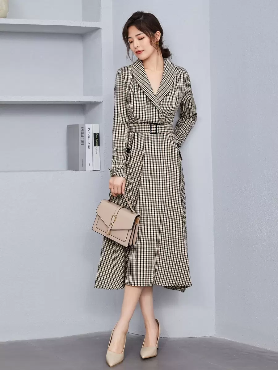 Modelyn Đầm Thắt lưng Nút Sọc ca rô Thanh lịch - Nhiều màu - Xem 1