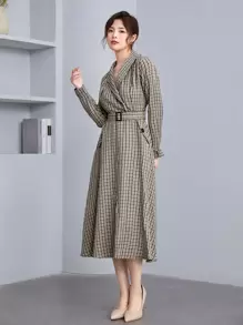 Modelyn Đầm Thắt lưng Nút Sọc ca rô Thanh lịch - Nhiều màu - Xem 3