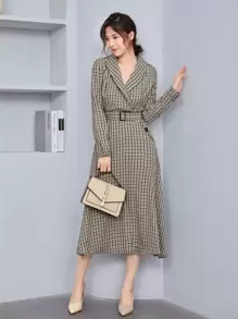 Modelyn Đầm Thắt lưng Nút Sọc ca rô Thanh lịch - Nhiều màu - Xem 4