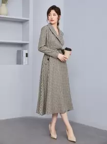 Modelyn Đầm Thắt lưng Nút Sọc ca rô Thanh lịch - Nhiều màu - Xem 5