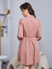 繫帶領燈籠袖洋裝 - 藕粉色 - 查看 2