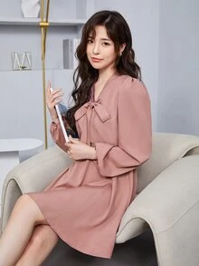 繫帶領燈籠袖洋裝 - 藕粉色 - 查看 5