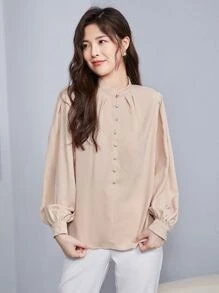 SHEIN Unity Women Blouses Fake Buttons Plain Anggun - Aprikot - View 1