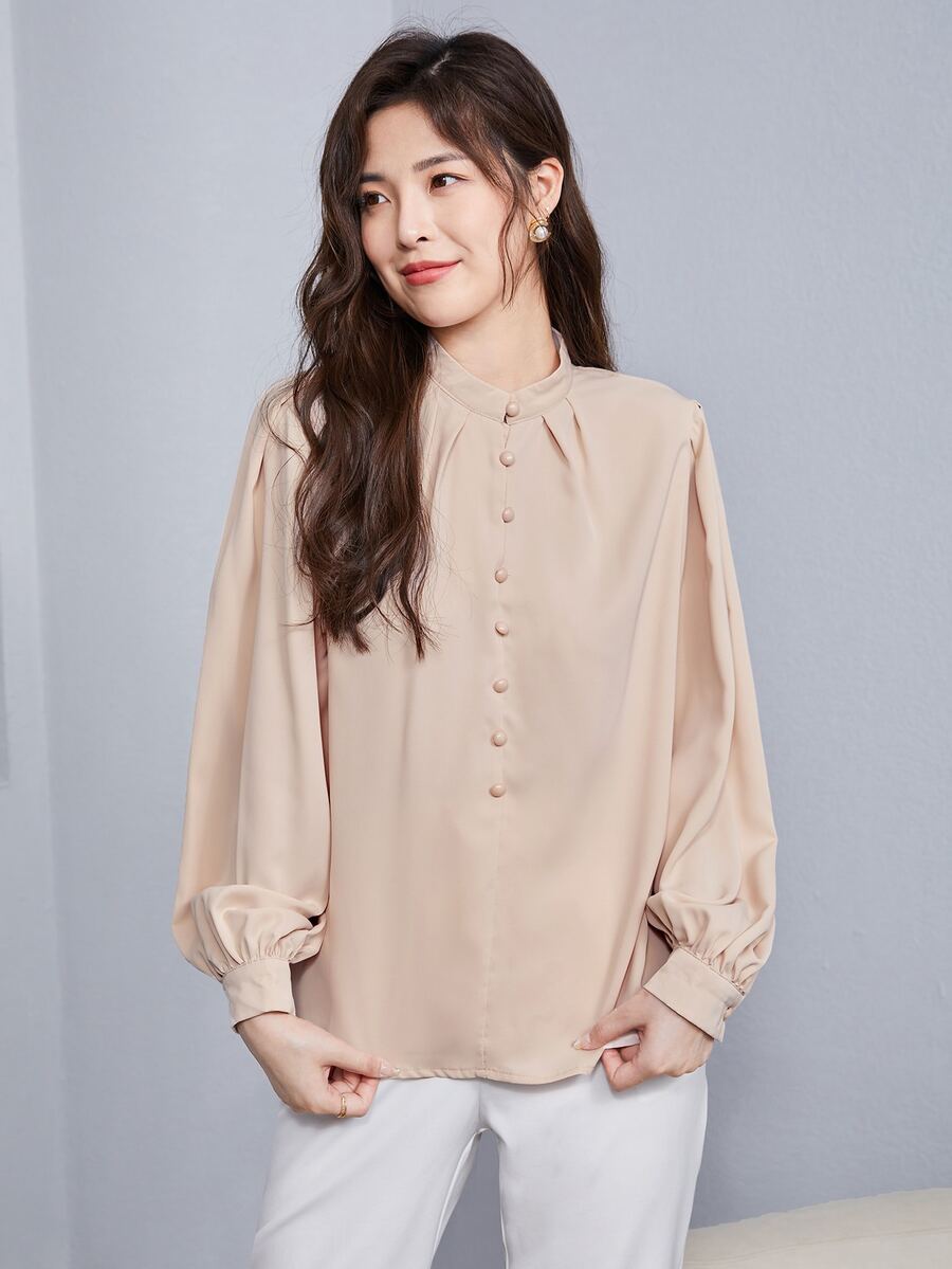 SHEIN Unity Women Blouses Fake Buttons Plain Anggun - Aprikot - View 1