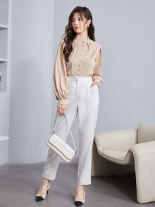 SHEIN Unity Women Blouses Fake Buttons Plain Anggun - Aprikot - View 4