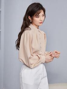 SHEIN Unity Women Blouses Fake Buttons Plain Anggun - Aprikot - View 5