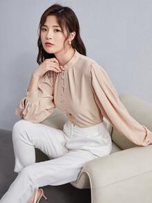 SHEIN Unity Women Blouses Fake Buttons Plain Anggun - Aprikot - View 7