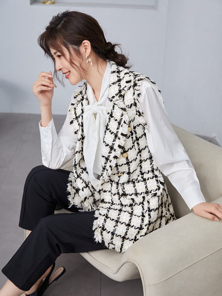 BizChic Notch Collar Frayed Edge Tweed Vest Blazer Workwear Fall Women Outfits Women Jackets