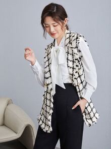 BizChic Notch Collar Frayed Edge Tweed Vest Blazer Workwear Fall Women Outfits Women Jackets
