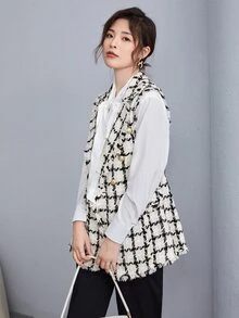 BizChic Notch Collar Frayed Edge Tweed Vest Blazer Workwear Fall Women Outfits Women Jackets