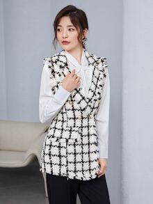 BizChic Notch Collar Frayed Edge Tweed Vest Blazer Workwear Fall Women Outfits Women Jackets