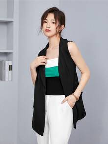 SHEIN Privé 翻領無袖西裝外套 - 黑色 - 查看 4