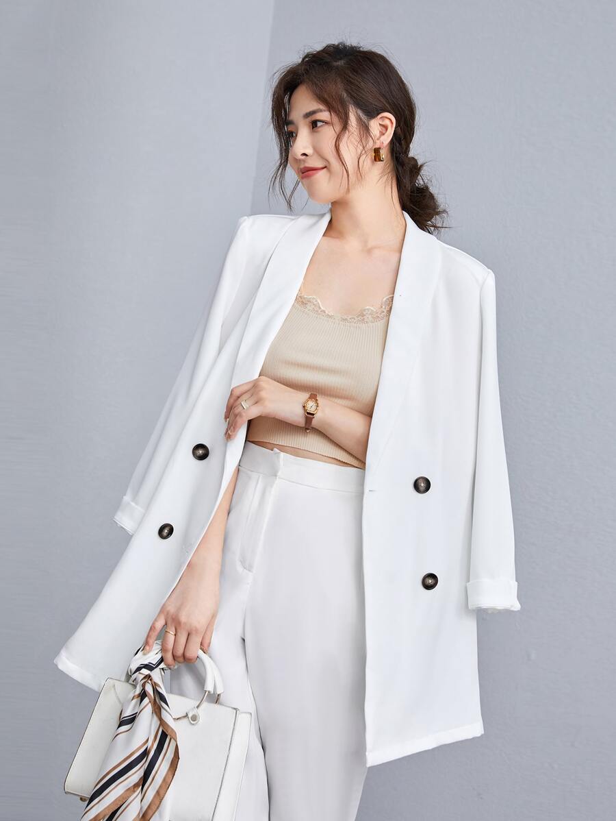 BizChic Shawl Neck Solid Blazer Workwear - White - View 1