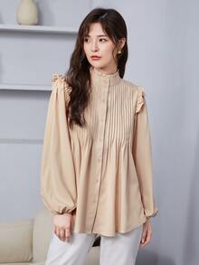 SHEIN 褶邊領百褶紐扣襯衫 - 米色 - 查看 1