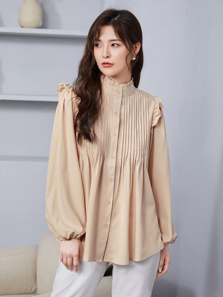 SHEIN 褶邊領百褶紐扣襯衫 - 米色 - 查看 1