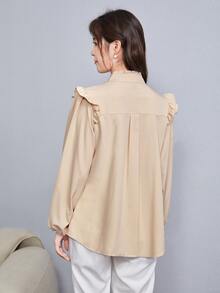 SHEIN 褶邊領百褶紐扣襯衫 - 米色 - 查看 2