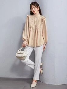 SHEIN 褶邊領百褶紐扣襯衫 - 米色 - 查看 6