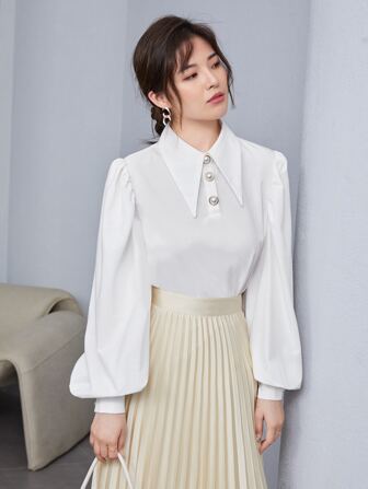 SHEIN Privé 有领灯笼袖前扣衬衫