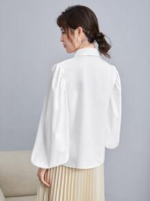 SHEIN Privé Collared Lantern Sleeve Buttoned Front Blouse - White - View 2