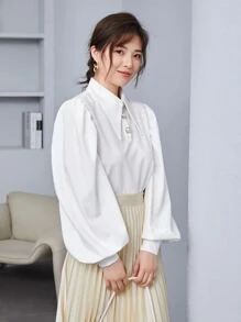 SHEIN Privé Collared Lantern Sleeve Buttoned Front Blouse - White - View 5