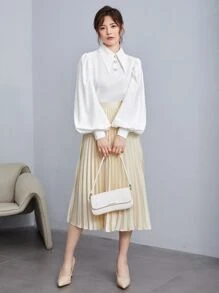 SHEIN Privé Collared Lantern Sleeve Buttoned Front Blouse - White - View 6