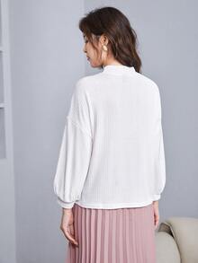 SHEIN Privé Mock-Neck Balloon Sleeve Rib-knit Top - White - View 2