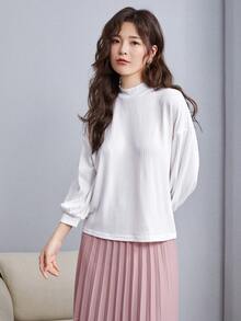 SHEIN Privé Mock-Neck Balloon Sleeve Rib-knit Top - White - View 3