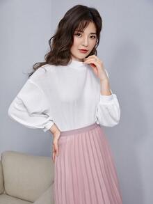 SHEIN Privé Mock-Neck Balloon Sleeve Rib-knit Top - White - View 4