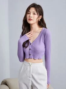 SHEIN EZwear Lettuce Edge Waffle Knit Button Up Top