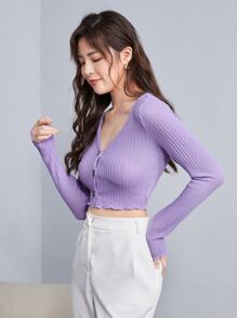 SHEIN EZwear Lettuce Edge Waffle Knit Button Up Top