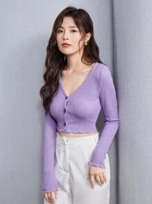 SHEIN EZwear Lettuce Edge Waffle Knit Button Up Top