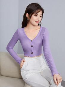 SHEIN EZwear Lettuce Edge Waffle Knit Button Up Top