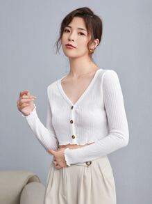 SHEIN EZwear Lettuce Edge Waffle Knit Button Up Top - White - View 4