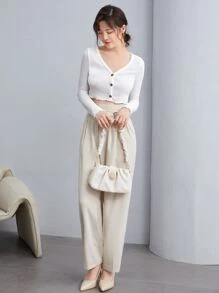 SHEIN EZwear Lettuce Edge Waffle Knit Button Up Top - White - View 6