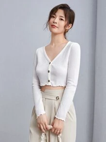 SHEIN EZwear Lettuce Edge Waffle Knit Button Up Top - White - View 7